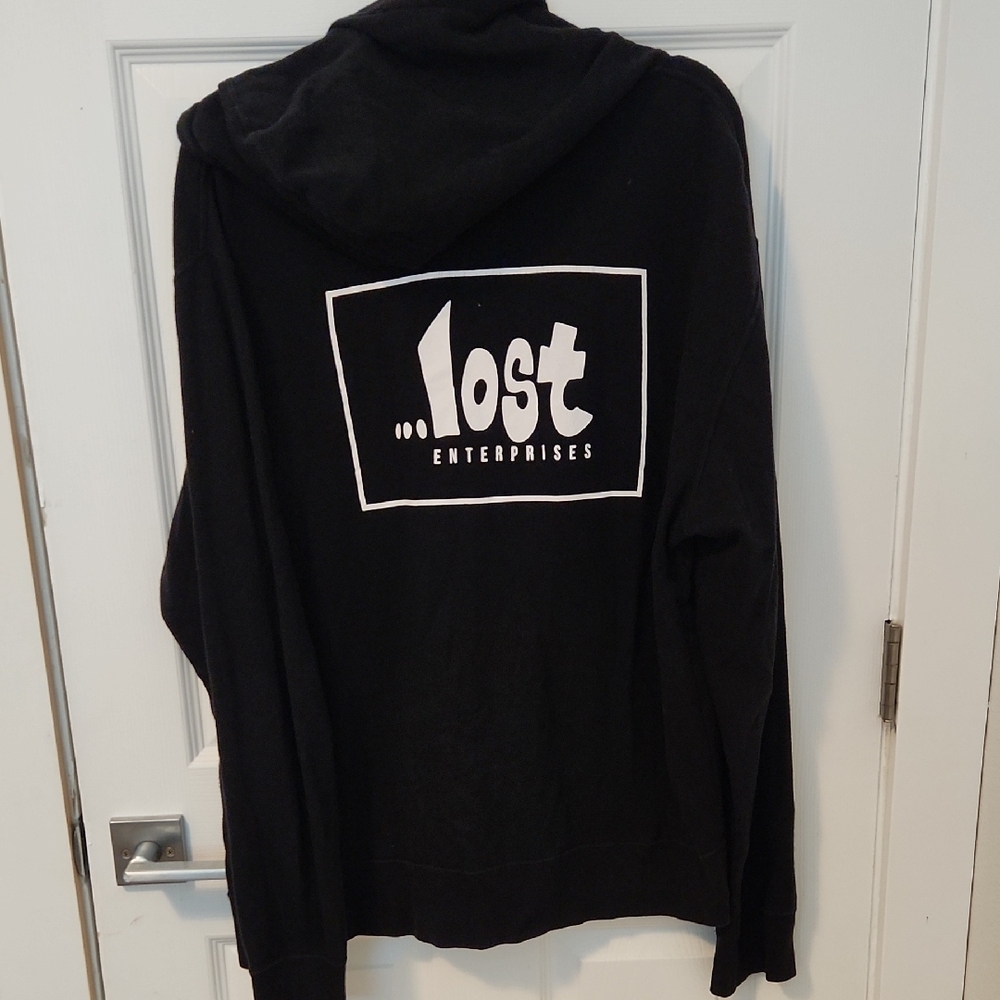Lost Black Zip Hoodie with White Logo and Drawstrings - Picture 2 of 3